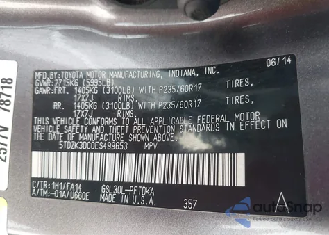 2014 Toyota Sienna L V6 7 Passenger z USA, uszkodzony, nr VIN 5TDZK3DC0ES499653